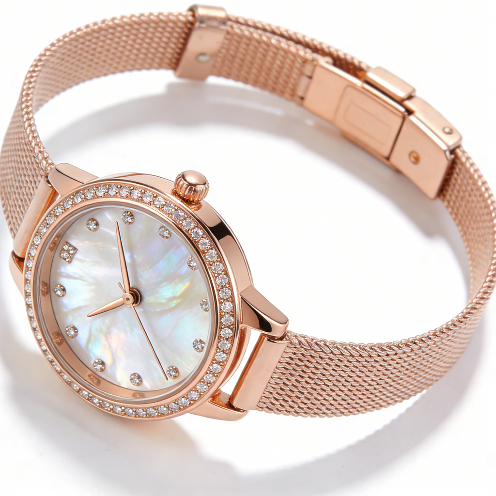 Rose Gold Mother of Pearl Mesh Women's Watch with Crystal Bezel