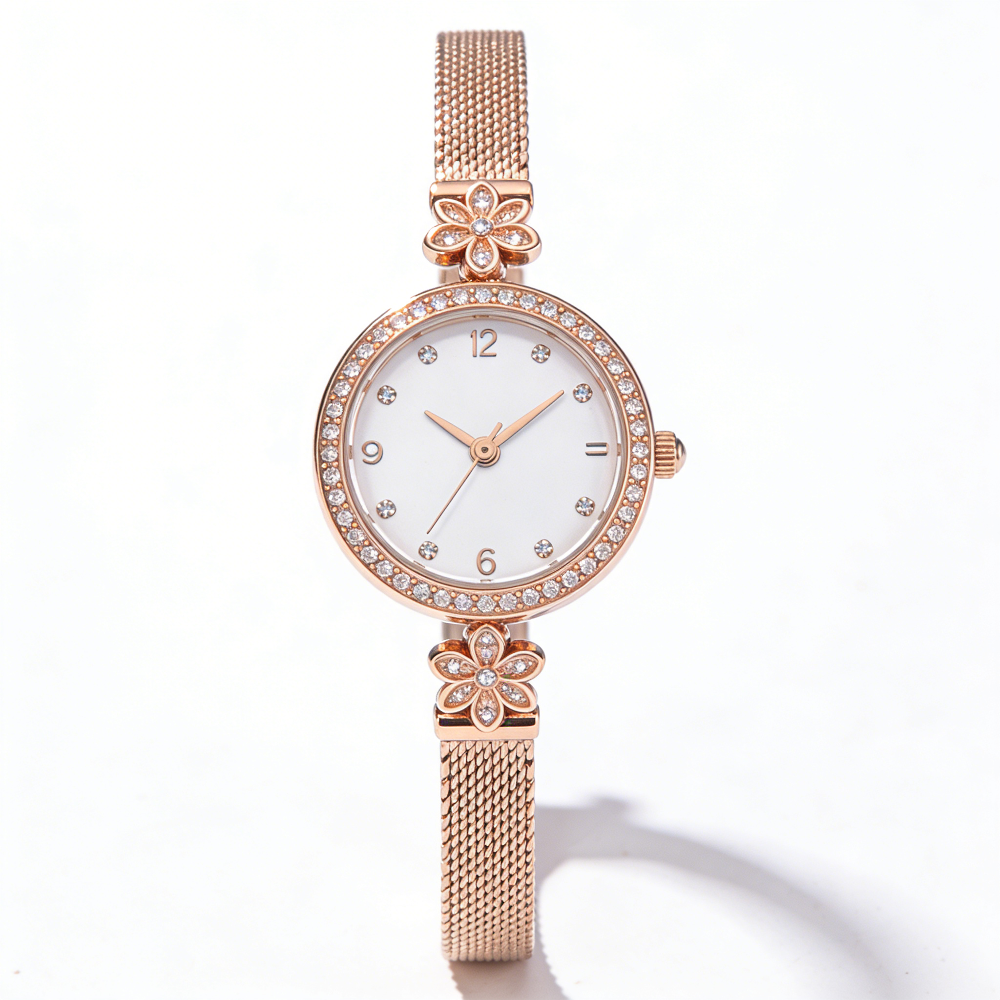 Floral Accent Rose Gold Mesh Women's Watch with Crystal Details
