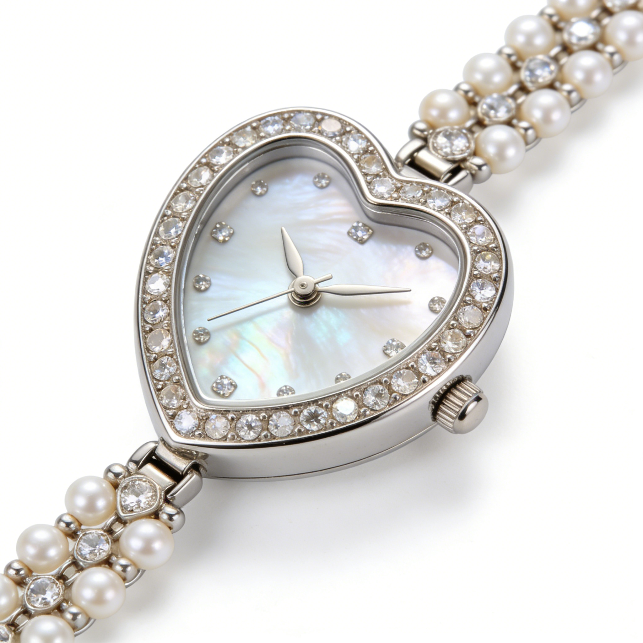 Heart Shape Mother of Pearl Women's Watch with Pearl & Diamond Bracelet