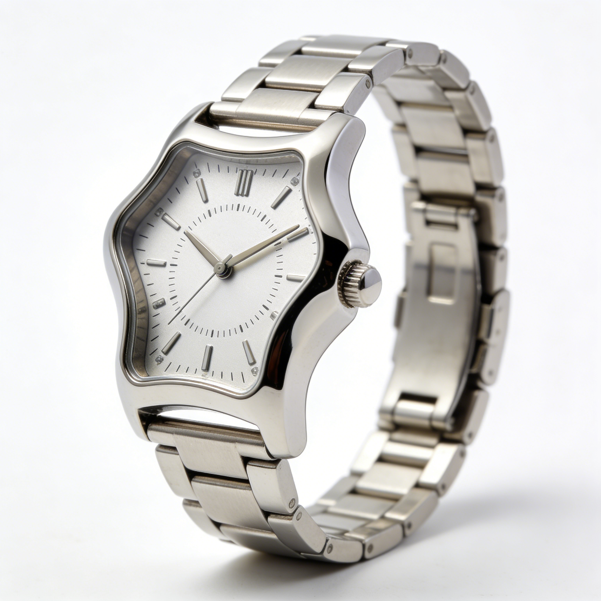 Wavy Case Silver Men's Watch with Roman Numerals