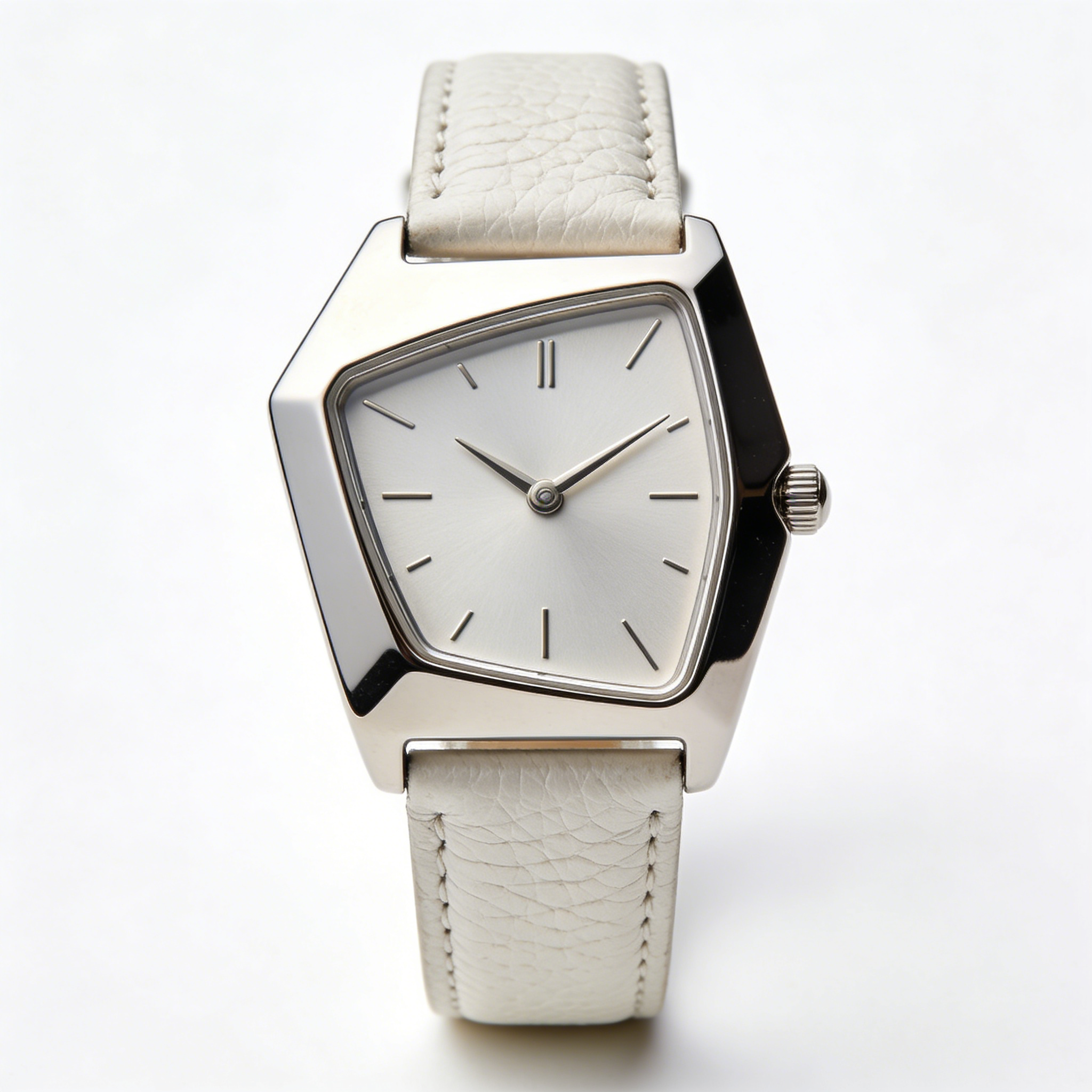 Geometric Trapezoid Silver Women's Watch with White Leather Strap