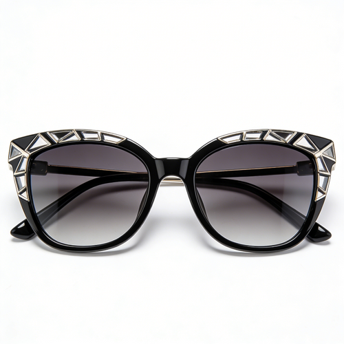 Black Cat Eye Sunglasses with Geometric Inlay Details