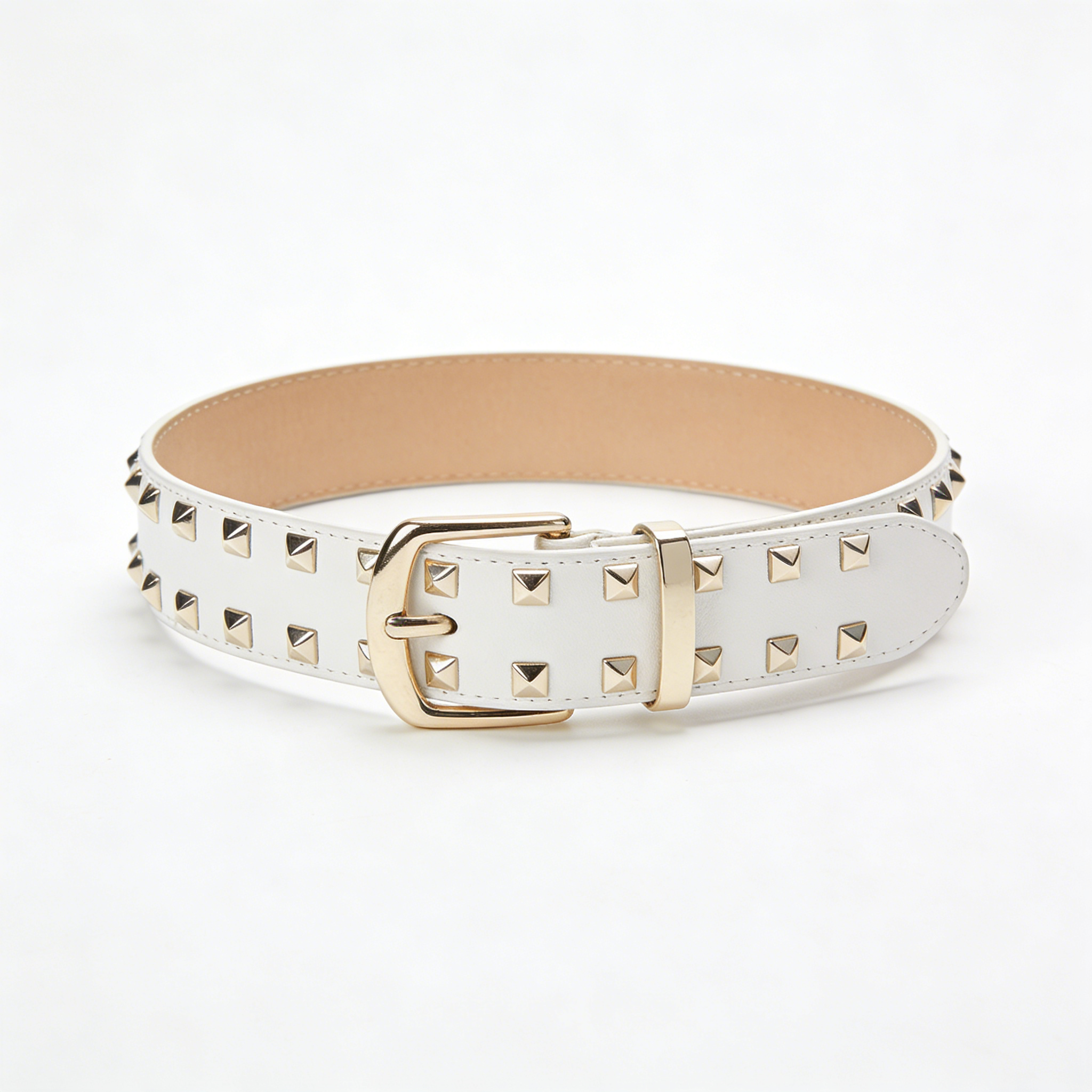 White Pyramid Studded Punk Style Leather Belt with Gold Buckle