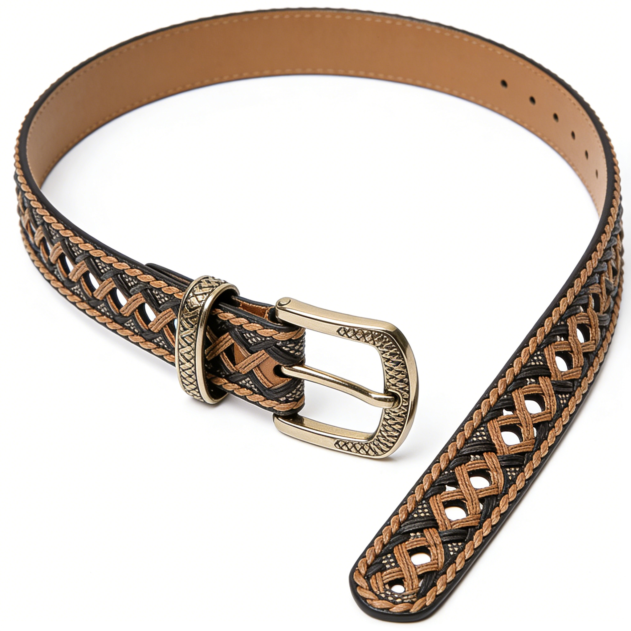 Two-Tone Openwork Braided Leather Belt with Gold Buckle