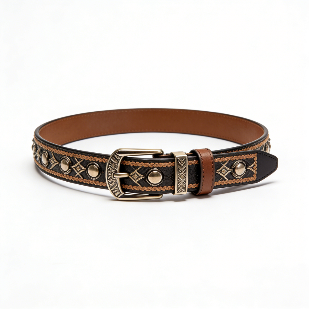 Western Style Black Brown Studded Braided Leather Men's Belt