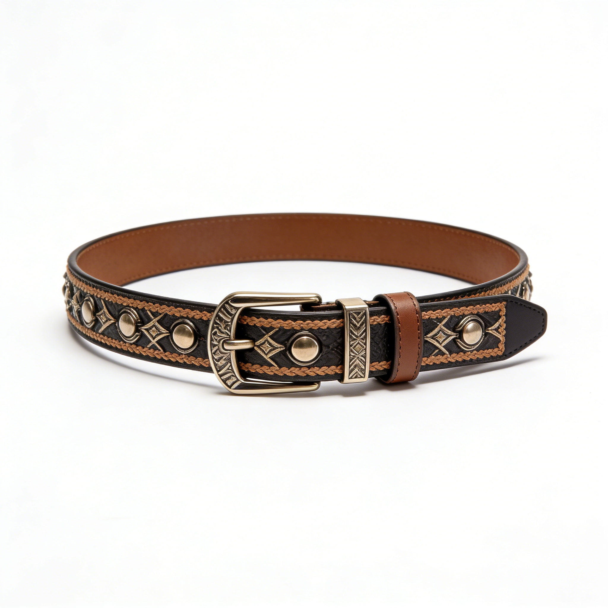 Western Style Black Brown Studded Braided Leather Men's Belt