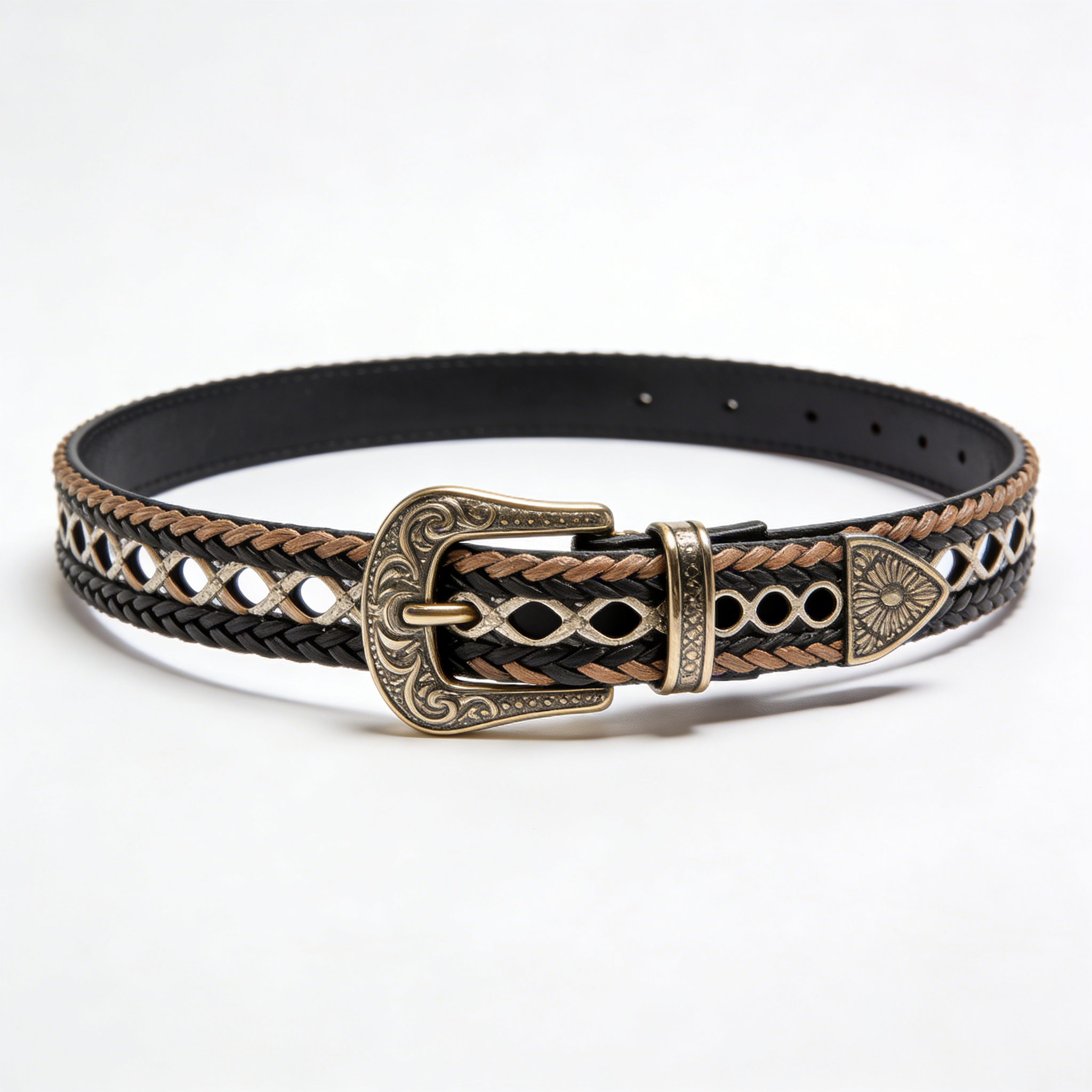 Black Brown Openwork Braided Leather Belt with Vintage Buckle