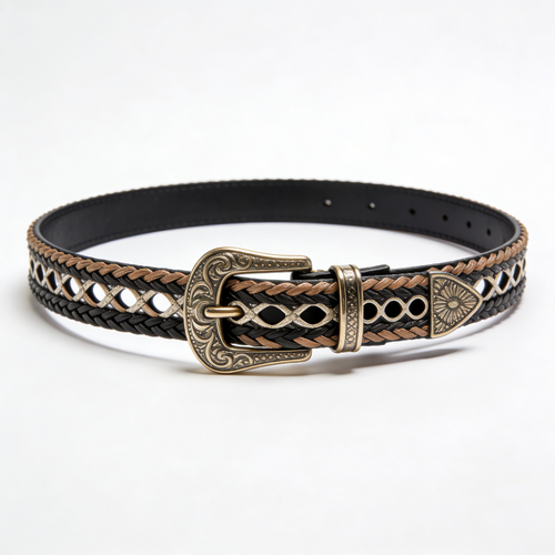 Black Brown Openwork Braided Leather Belt with Vintage Buckle