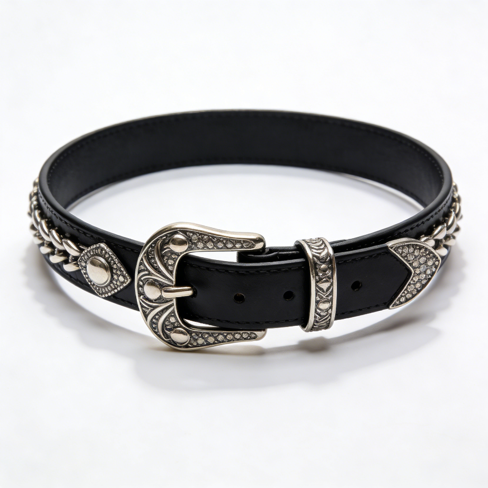 Black Western Style Leather Belt with Chain & Studs