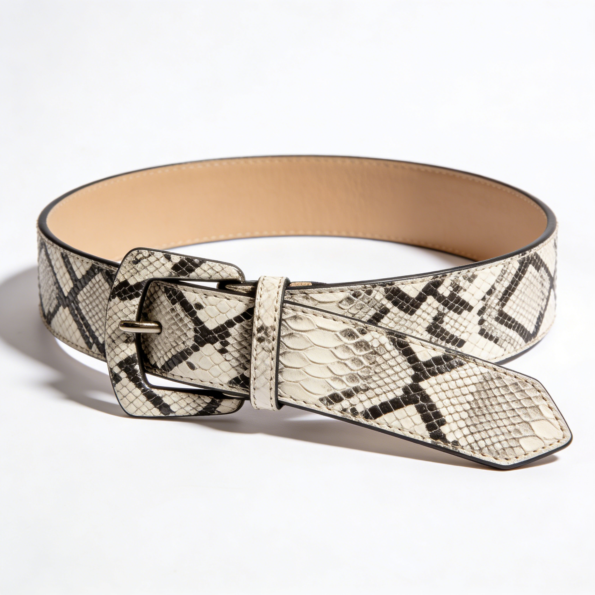 White Snakeskin Print Geometric Leather Belt