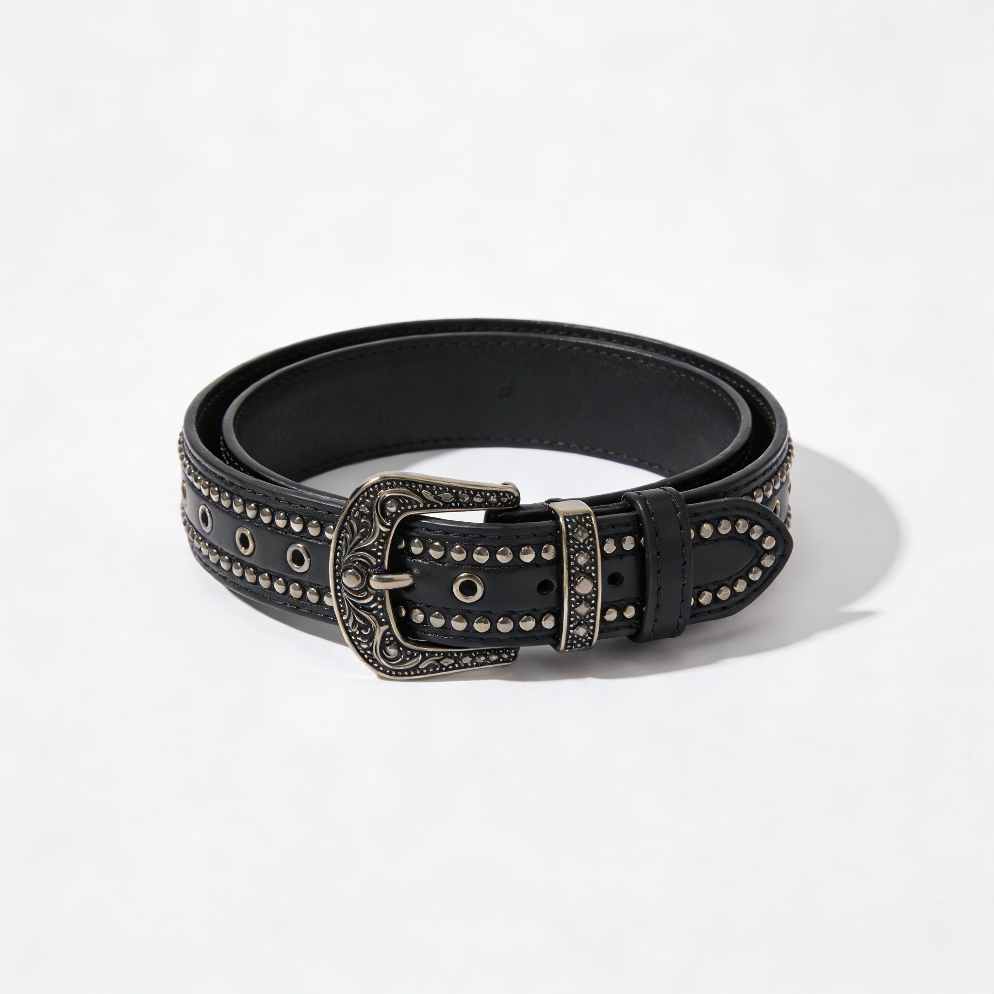 Black Studded Western Style Leather Belt