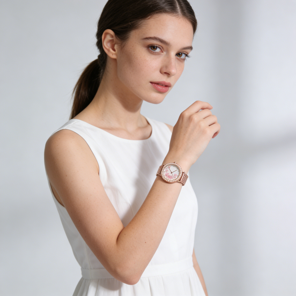 Cherry Blossom Rose Gold Mesh Women's Watch with Pearl Bezel