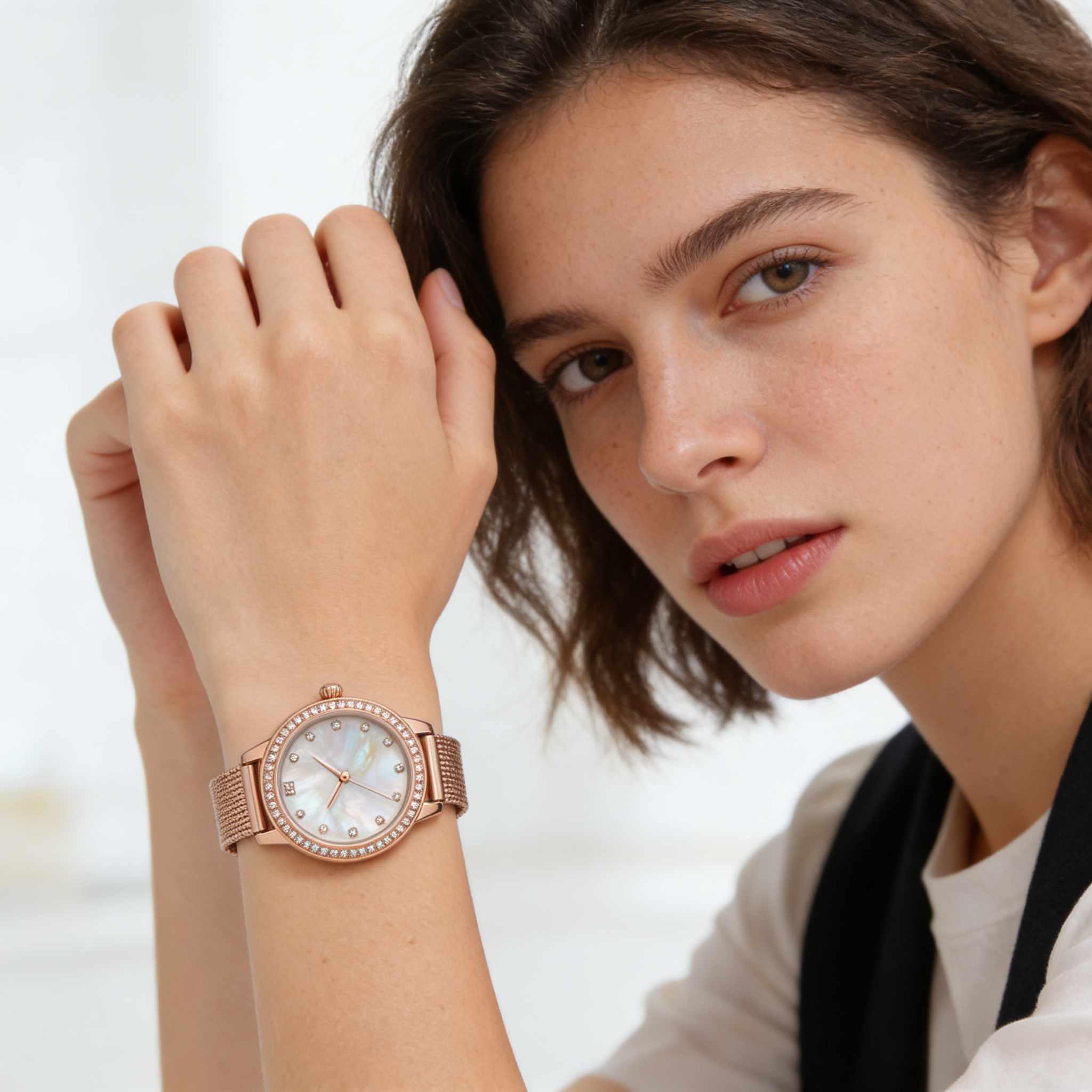 Rose Gold Mother of Pearl Mesh Women's Watch with Crystal Bezel