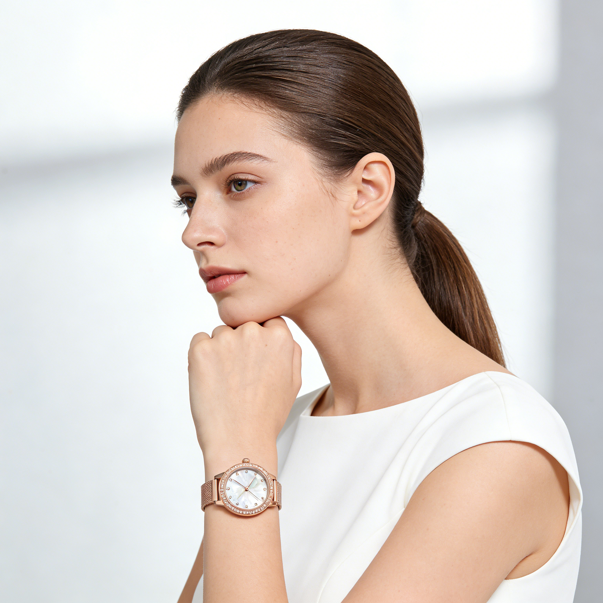 Rose Gold Mother of Pearl Mesh Women's Watch with Crystal Bezel