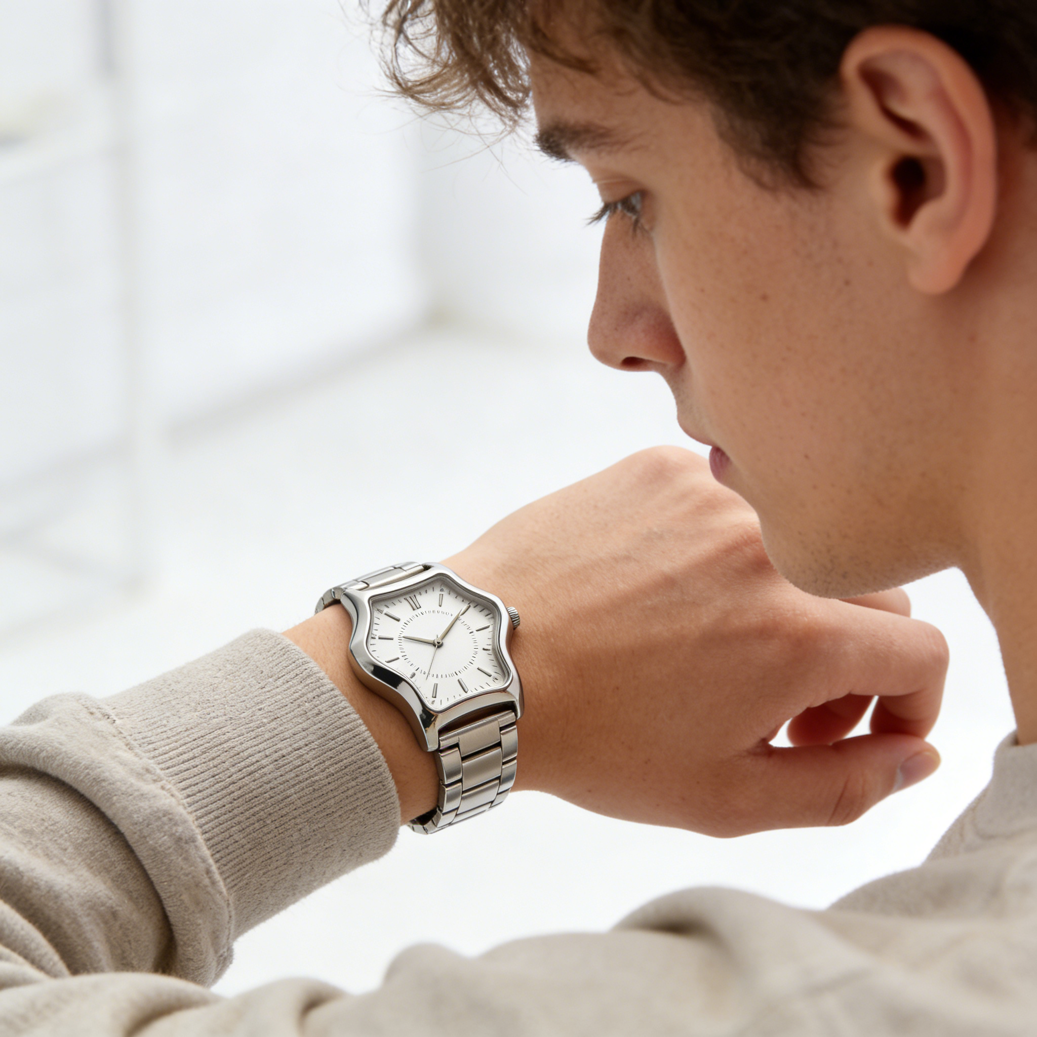 Wavy Case Silver Men's Watch with Roman Numerals