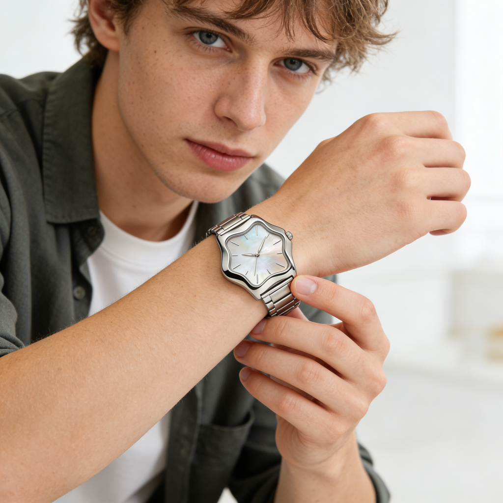 Wavy Case Mother of Pearl Women's Watch with Stainless Steel Band