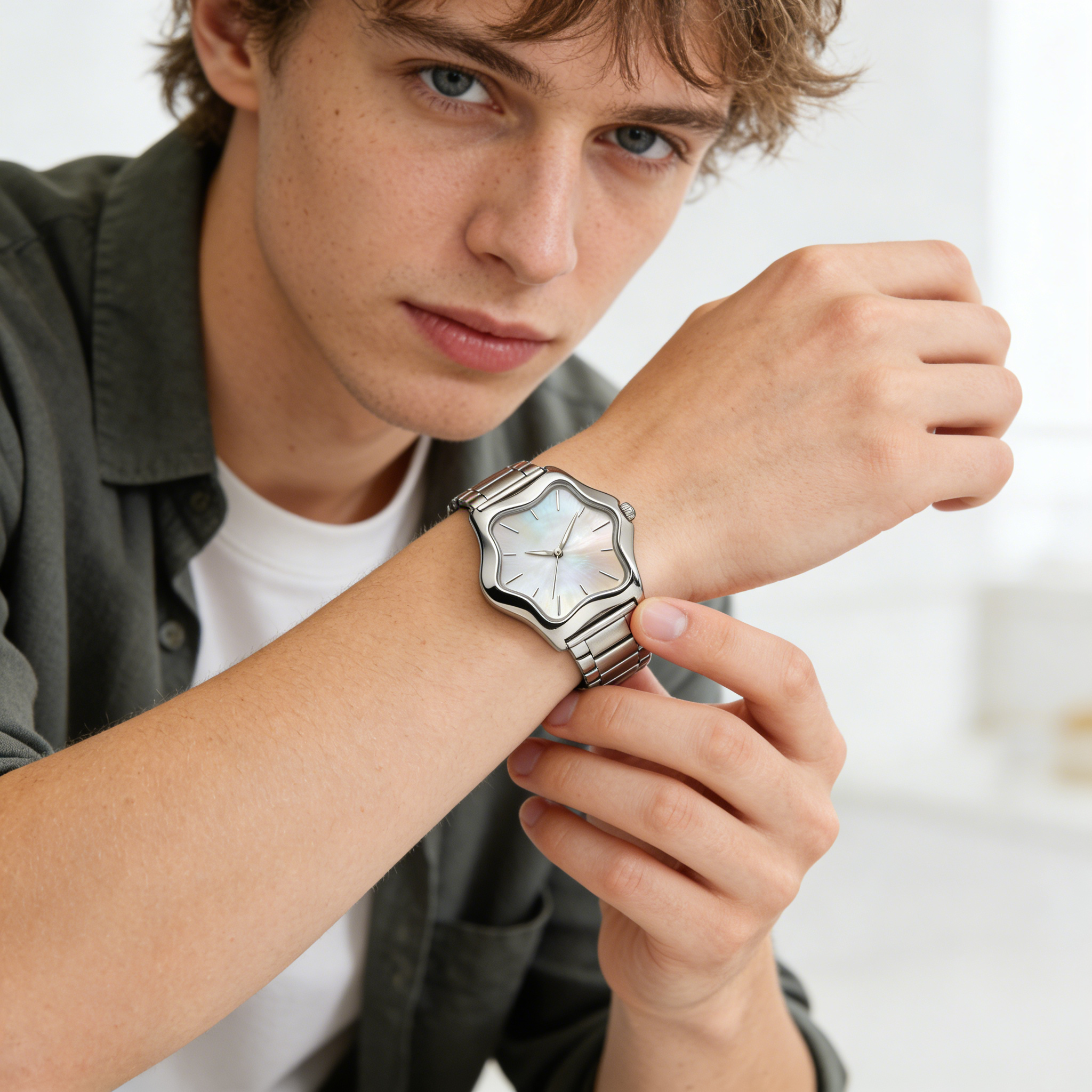 Wavy Case Mother of Pearl Women's Watch with Stainless Steel Band