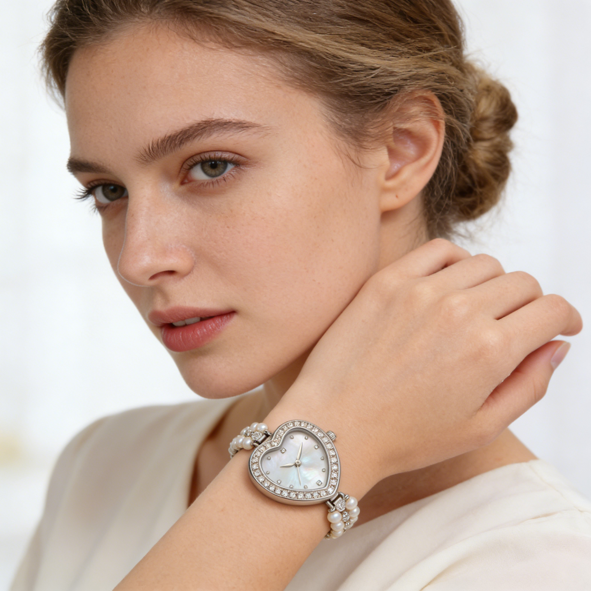 Heart Shape Mother of Pearl Women's Watch with Pearl & Diamond Bracelet