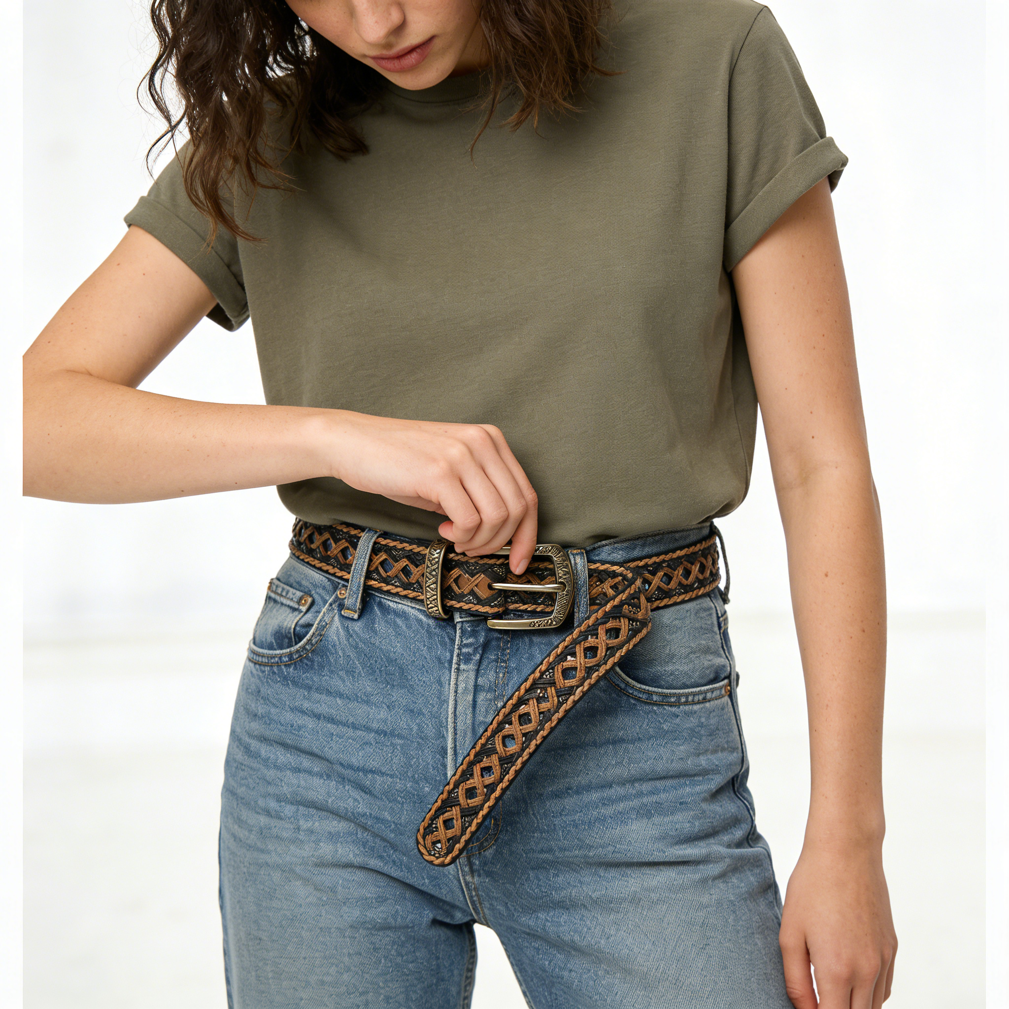 Two-Tone Openwork Braided Leather Belt with Gold Buckle