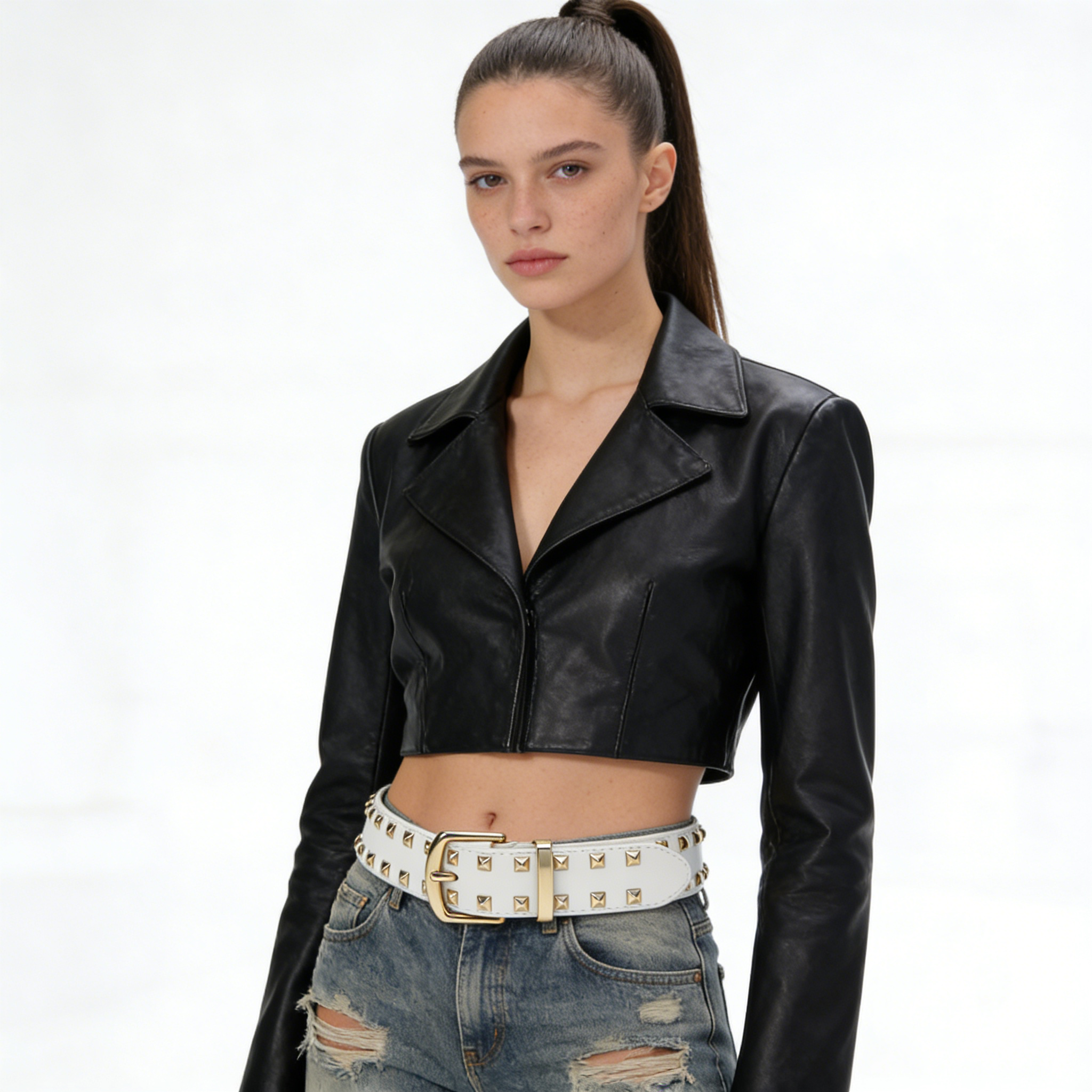 White Pyramid Studded Punk Style Leather Belt with Gold Buckle