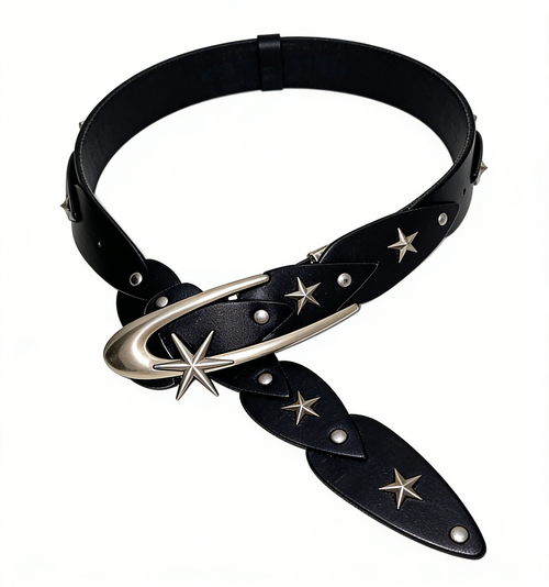 Black Star Studded Punk Style Wide Leather Belt