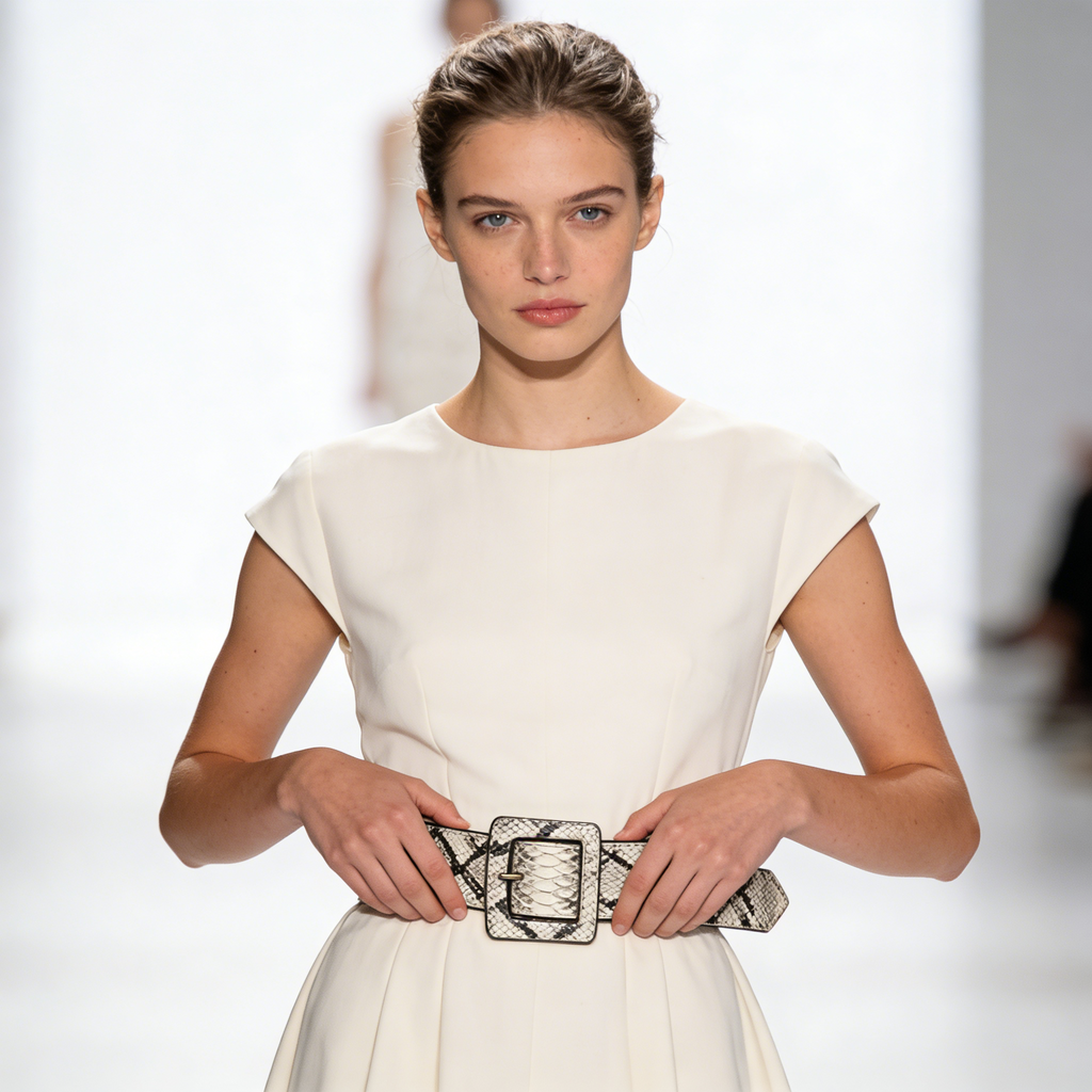 White Snakeskin Print Geometric Leather Belt